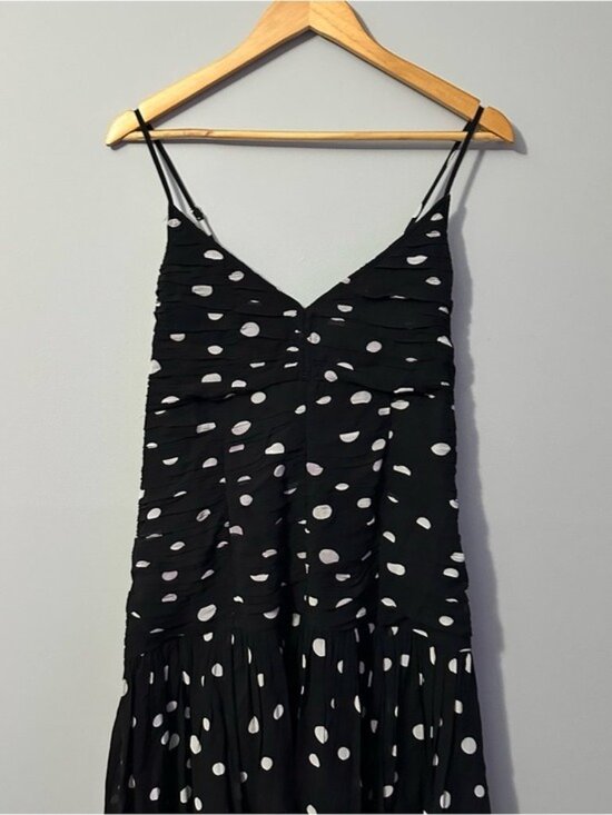 LOFT Polka Dot Midi Dress Black White Ruched Tiered Size 12 Coquette - Picture 6 of 12
